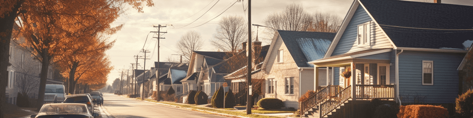 A suburban street with houses on both sides, lined with trees showing autumn foliage. Cars are parked along the roadside, and power lines run above. The sky is partly cloudy, sunlight illuminates the scene, casting long shadows โ right outside where you'll find the best locksmith in King.