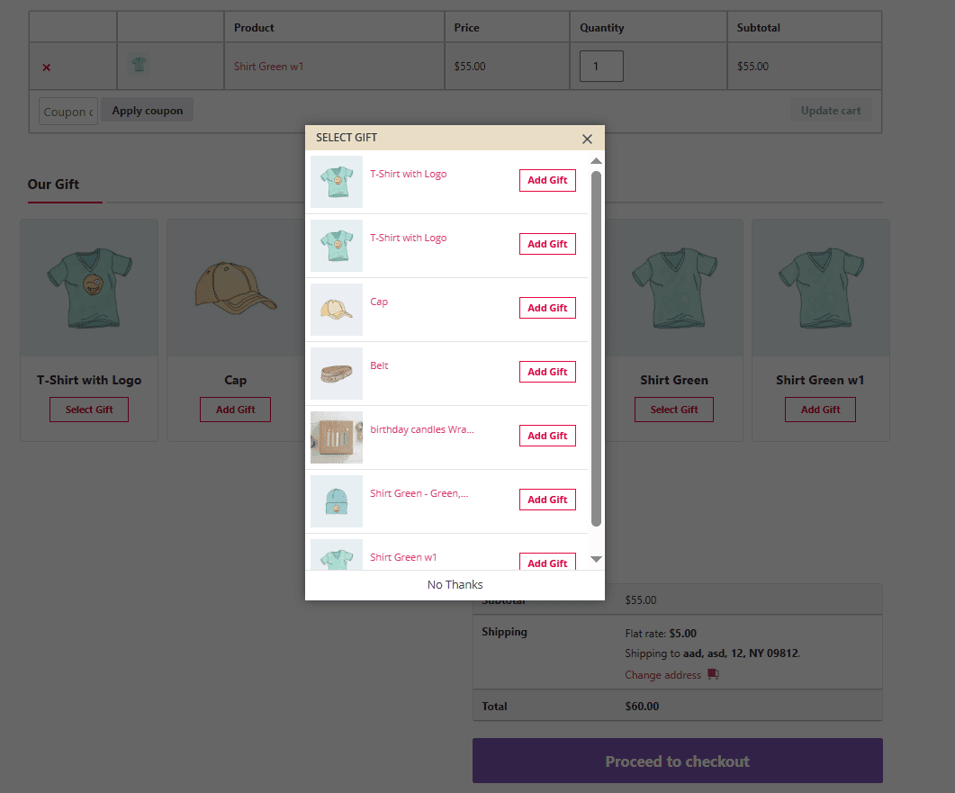 Gift selection in popup