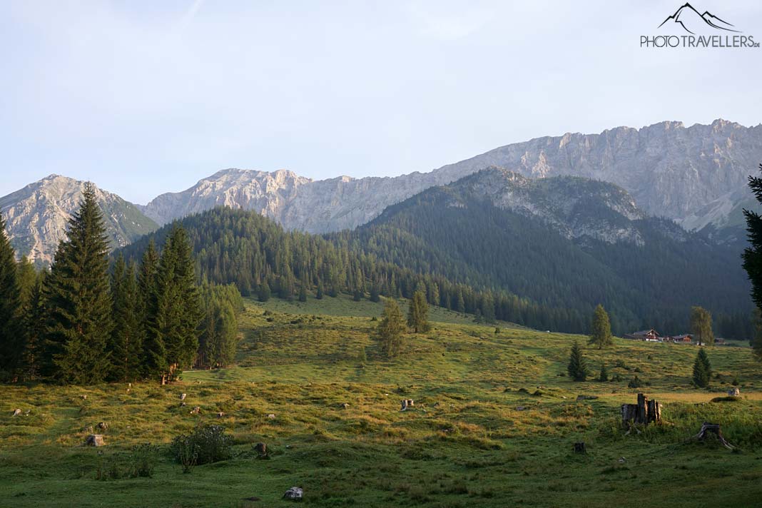 Eine Almwiese im Morgenlicht, dahinter die Gipfel des Wettersteingebirges