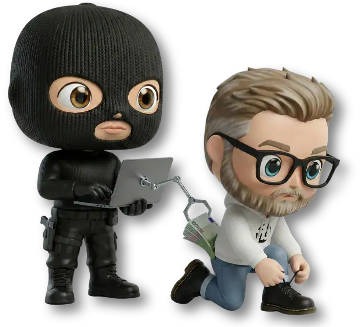 Comic-Dieb in schwarzer Maske hält ein Laptop und angelt mit einer Geldklammer unbemerkt Geldscheine aus der Hosentasche eines knienden Mannes – Symbolbild für Abzocke mit vermeintlich billigen PKV-Angeboten im Internet.