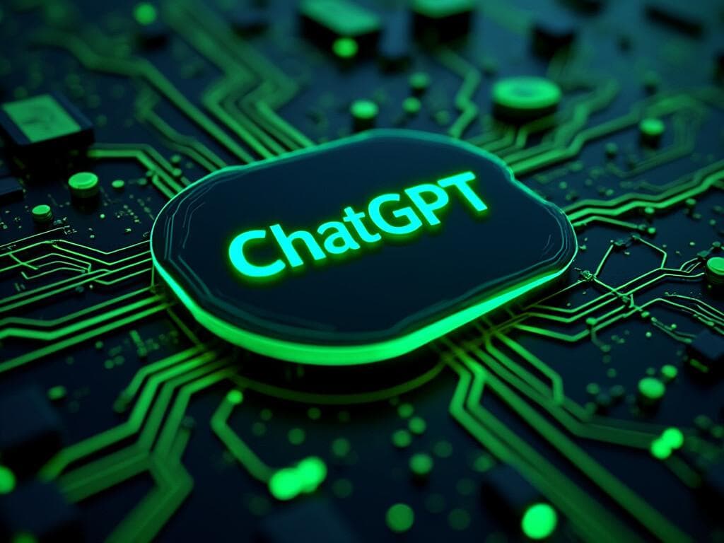 Glowing green "ChatGPT" logo on a circuit board, representing AI report generation, with green electrical pathways and components, suggesting the technology's complex inner workings. Concerns with AI in policing.