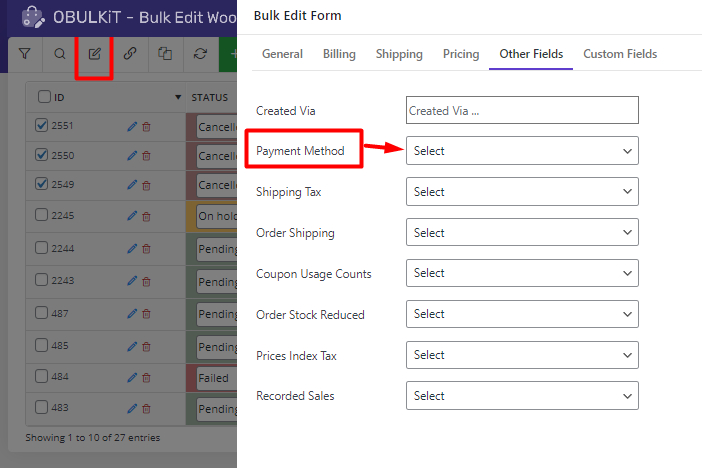 Bulk edit orders by payment method in WooCommerce orders bulk editing plugin