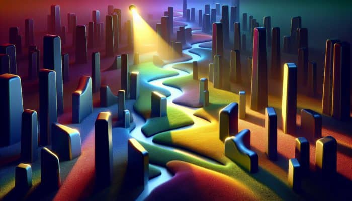 Soogle Review: A digital landscape with shadowy barriers representing SEO challenges and a spotlight path to vibrant success with Soogle.