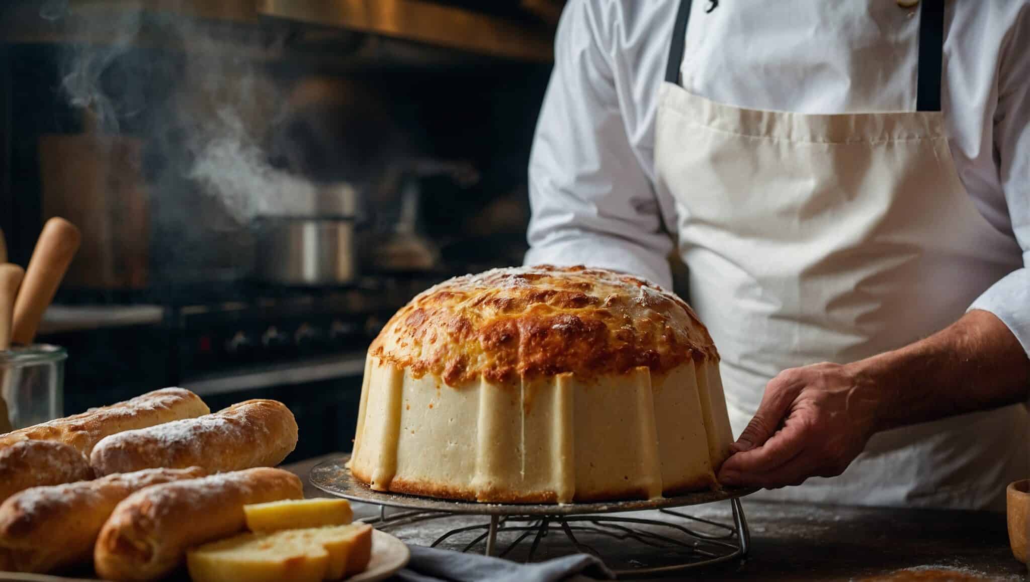 A chef wearing an apron presents a large, freshly-baked, golden-brown timpano on a cooling rack in a kitchen setting.