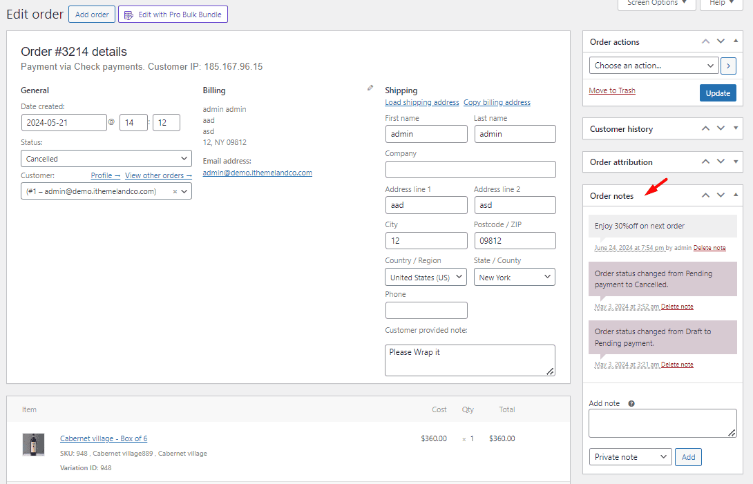 WooCommerce order notes section