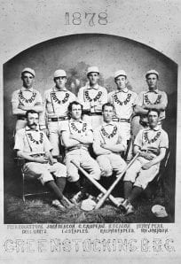 baseball Greenstockings ph 1628 resize 1878 baseball team portrait, vintage black and white photo at The History Museum, showcasing early South Bend baseball players.