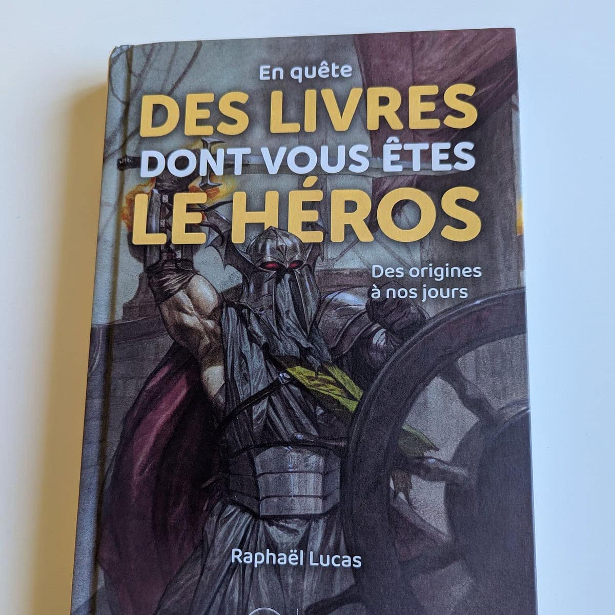 Héros de livres de fantasy avec une armure, un casque de guerrier et une épée dans une scène épique.