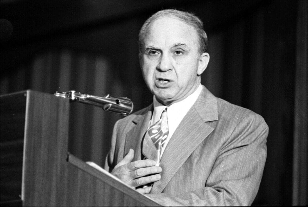 Ex-convict Mickey Cohen during question/answer period of the state-wide Ex-Felon Consortium at the Sheraton Airport Hotel.