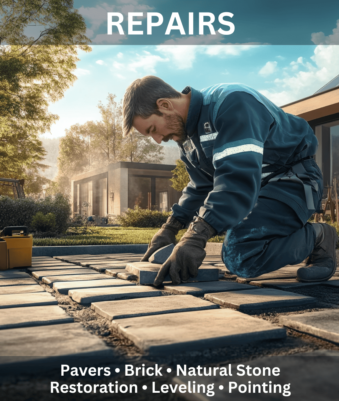 A person kneels outside, adjusting pavers on a walkway. Text above: "REPAIRS." Below: "Pavers • Brick • Natural Stone • Restoration • Leveling • Pointing.