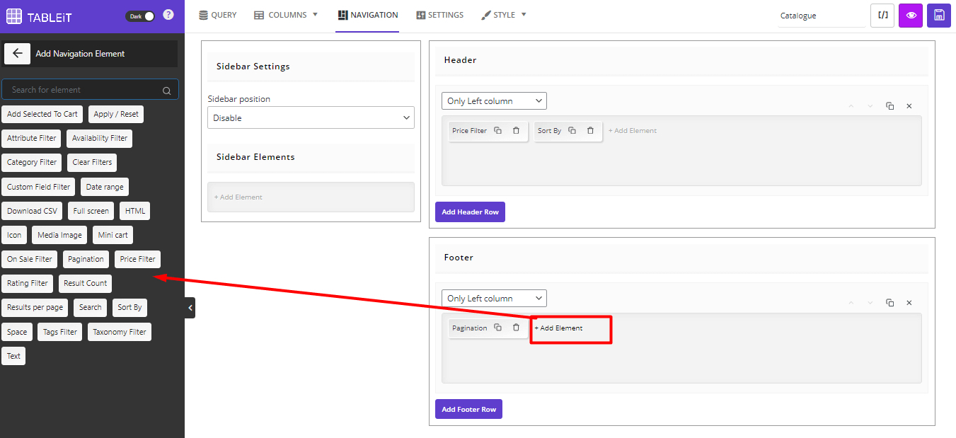 Product table plugin adding price filter element