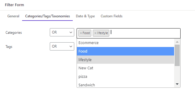 select categories field in categories tab filter form