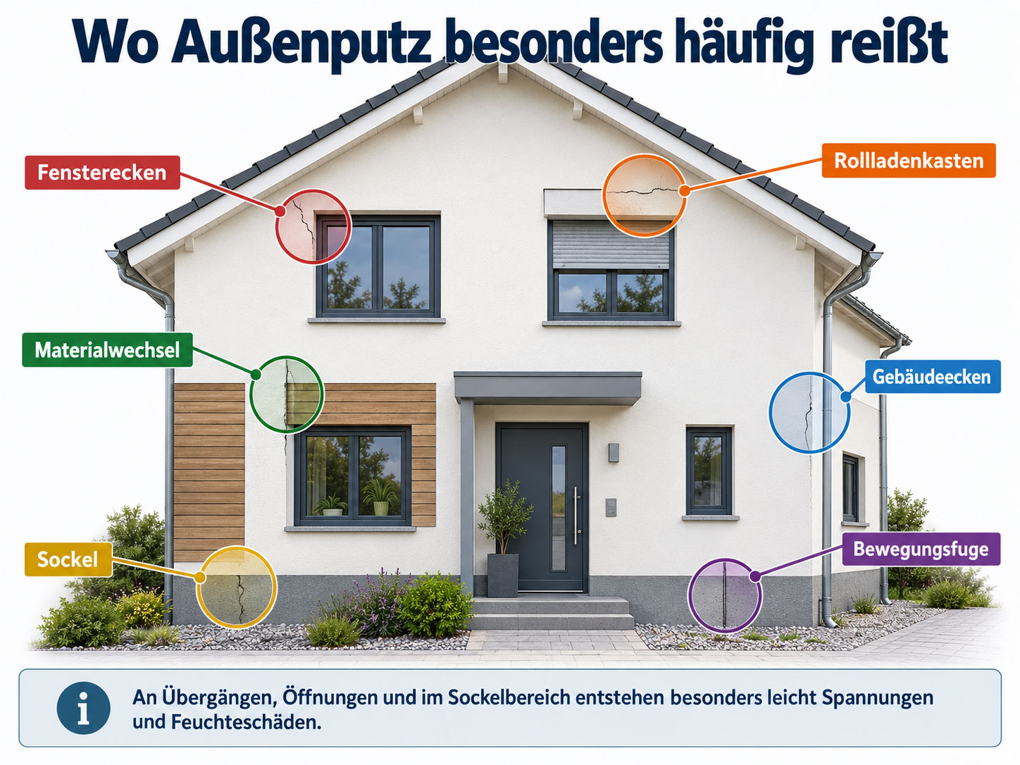 Hausfassade mit markierten rissgefährdeten Bereichen an Fensterecken, Rollladenkasten, Materialwechsel, Gebäudeecke, Bewegungsfuge und Sockel.