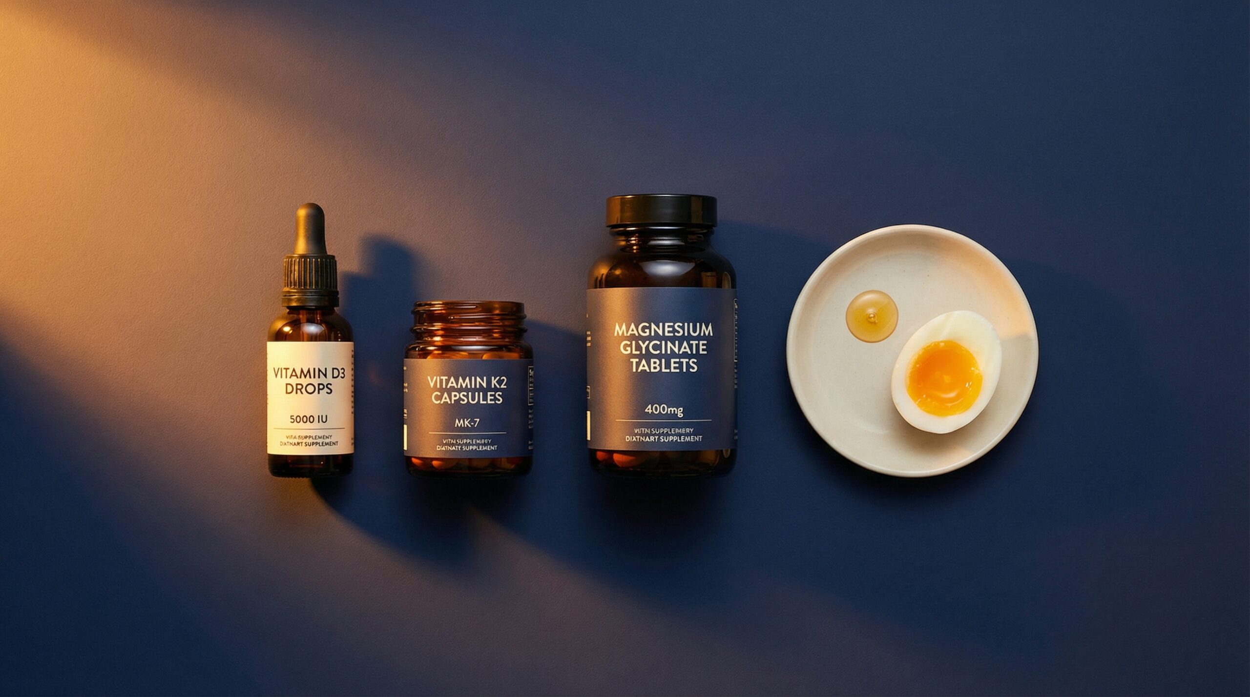 Vitamin-d-mangel im sommer — warum du trotz sonne auf reserve läufst 4 D3-tropfen, k2-kapseln und magnesium-tabletten neben einem ei auf dunkler oberfläche