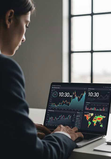 real time analytics Person analysing financial data on a laptop screen.
