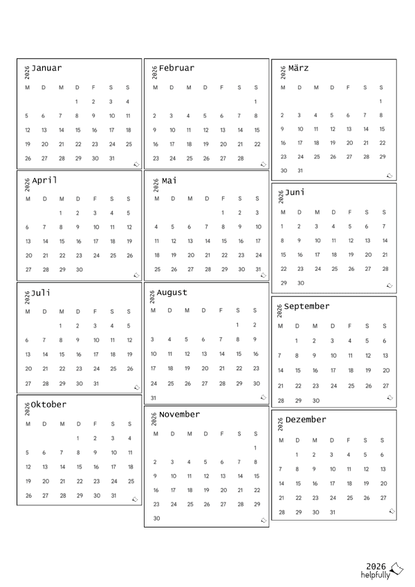 Mini-Kalender 2026 zum Ausdrucken als PDF | helpfully.de