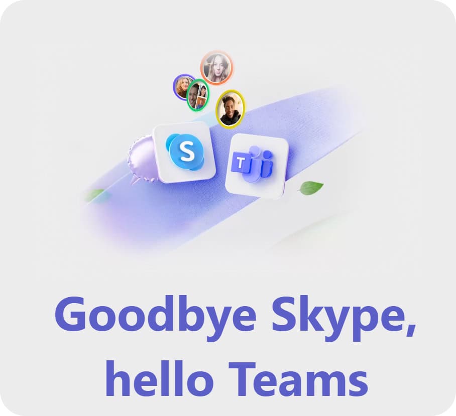 Skype service shutdown banner showing "Goodbye Skype, Hello Teams" with logos