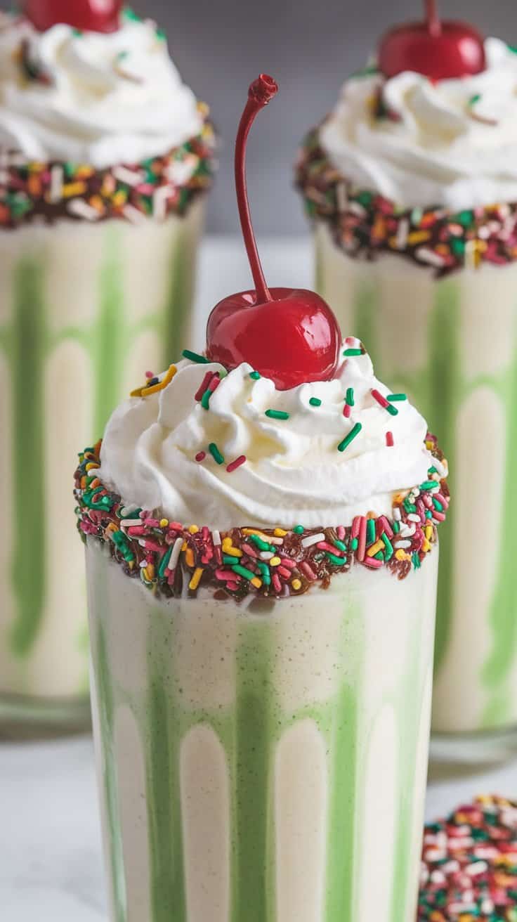 A delicious Shamrock Shake with whipped cream, sprinkles, and a cherry on top, perfect for St. Patrick's Day. Fun St. Patrick's Day Kids Drinks Ideas