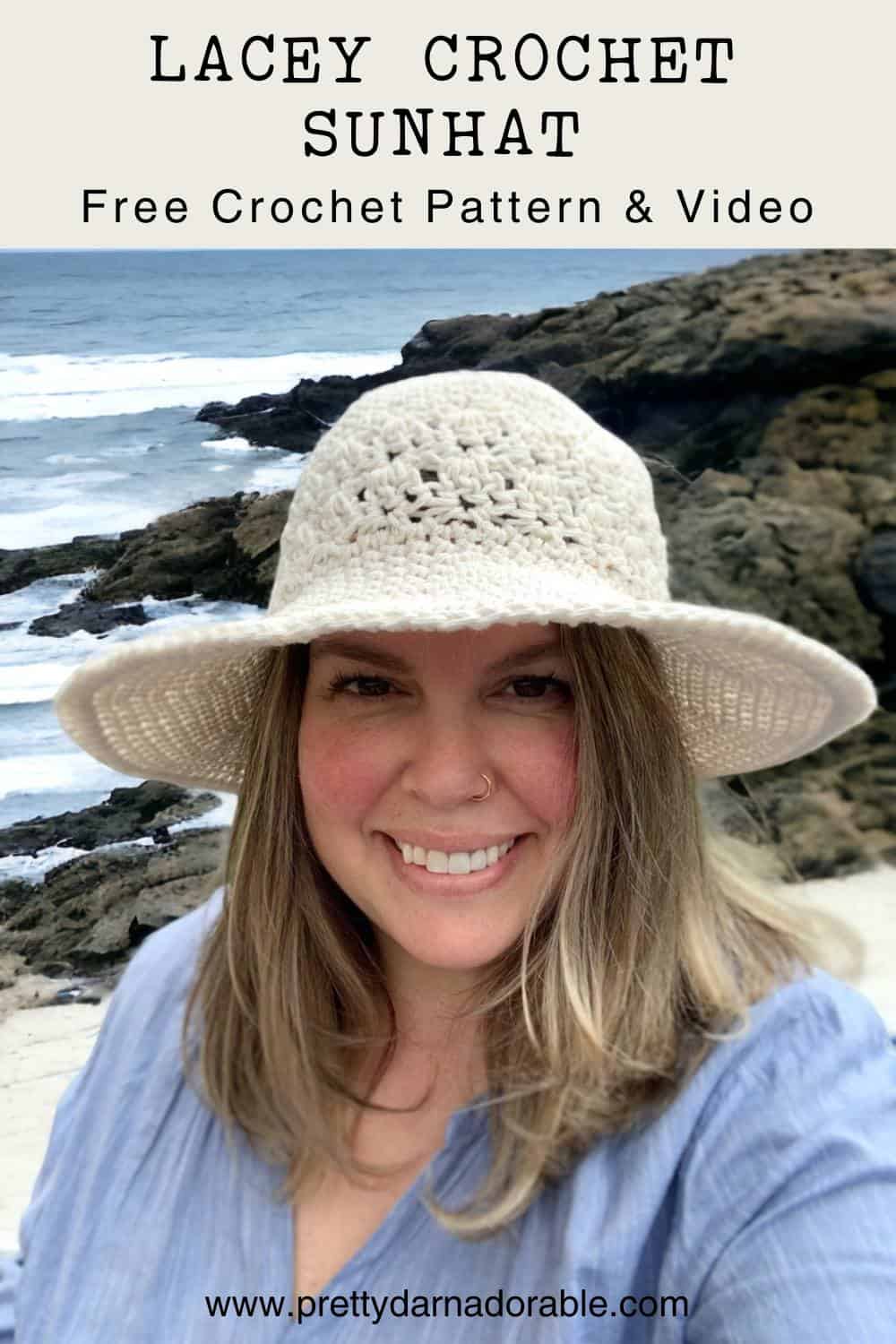 cream crochet sun hat with a wide brim and lacey texture