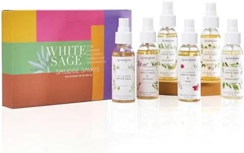 Sage Smudge Kit with Gemstones 4 White Sage Smudge Spray Gift Set by Aromafume | 6x50ml/1.7 fl oz | White Sage with Rose, Lavender, Palo Santo, Sandalwood, Frankincense | Sage Sprays for Cleansing Negative Energy & Protection  .au Home