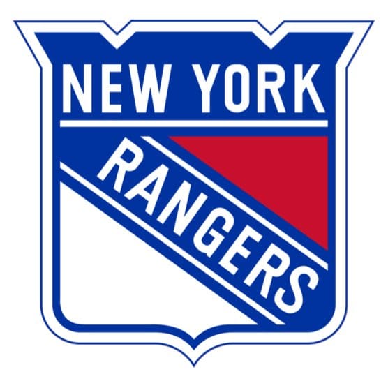 The New York Rangers logo featuring a blue, red, and white shield with the team name in bold block letters.