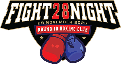 Fight Night 28 event logo, set for 29 Nov 2025 at Round 10 Boxing Club Dubai, with signature red and blue boxing gloves.