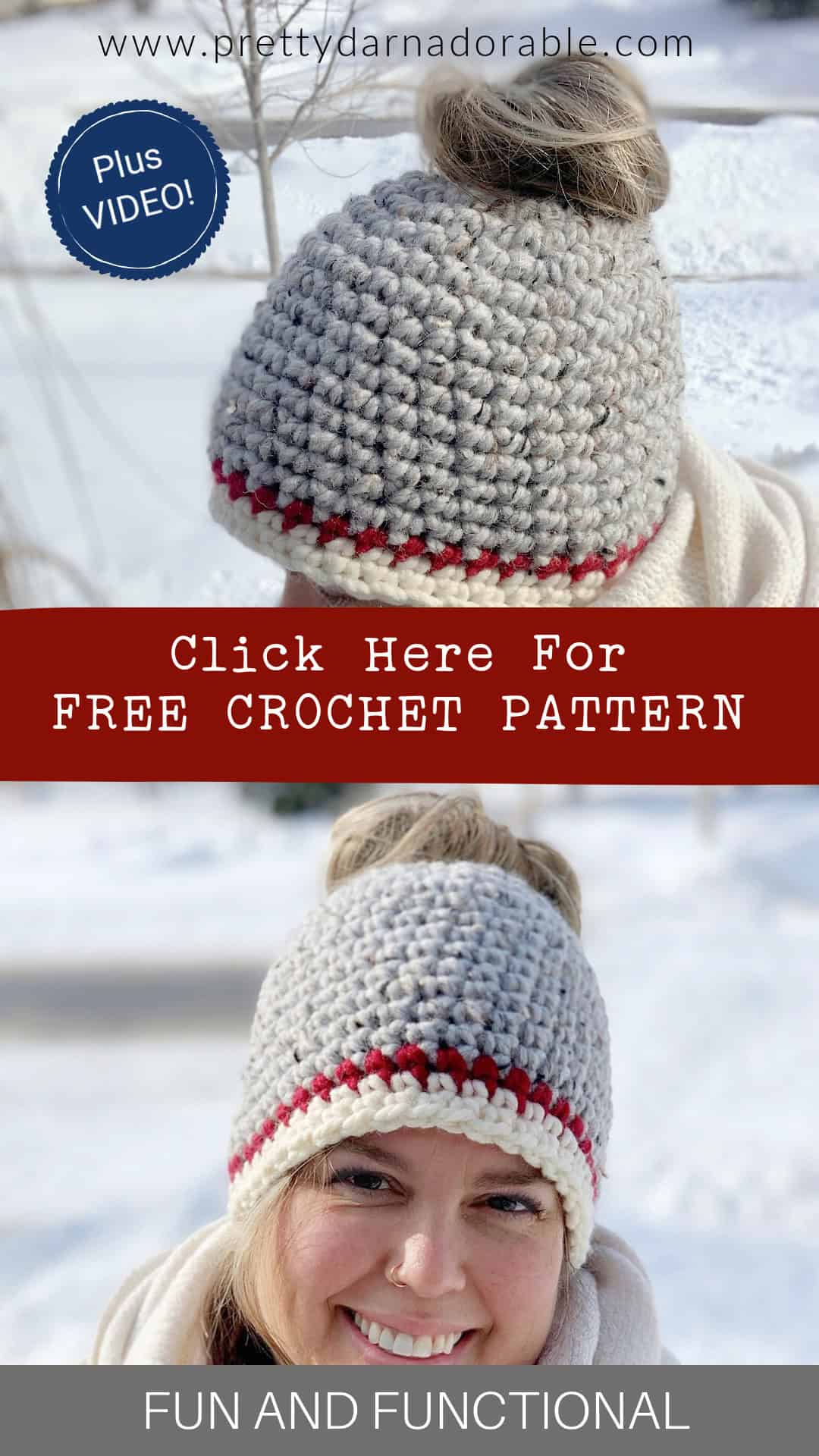 lady wearing crochet messy bun hat with a ponytail has elastic opening