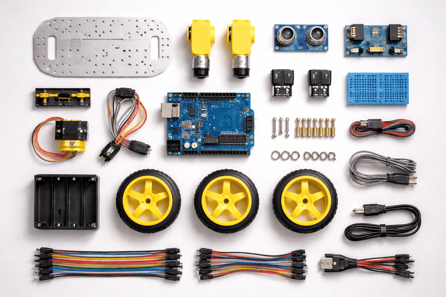 Beginner robotics kit components laid out β wheels, sensors, and wires for kids.