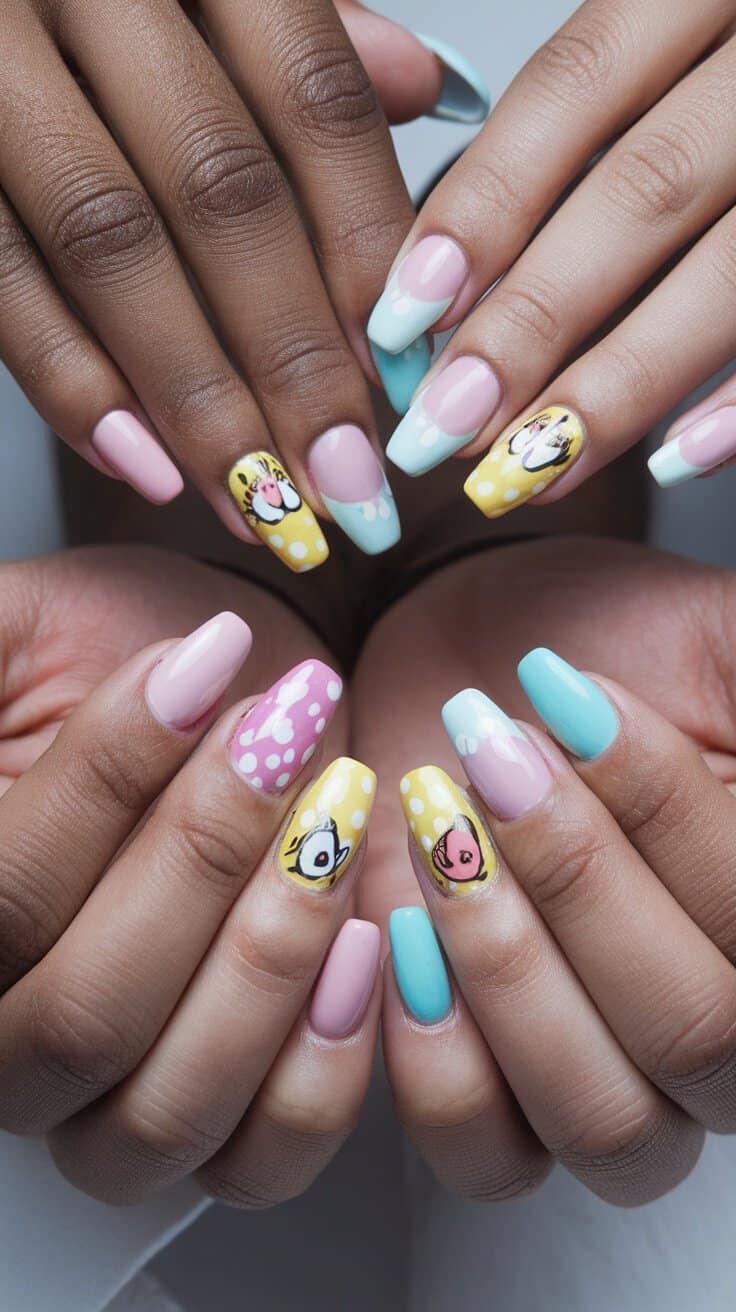 Colorful easter-themed coffin nails with bunny and chick designs.