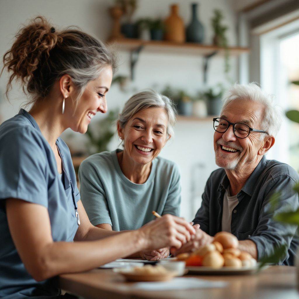 Caregiver assisting two smiling seniors with meal preparation, showcasing compassionate senior home care and companionship services
