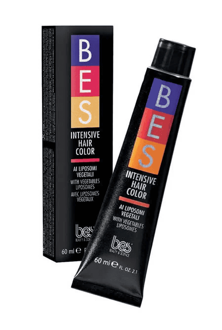 A tube and box of BES Intensive ML 60 hair color, featuring "with vegetables liposomes" text and available in a 60ml size.