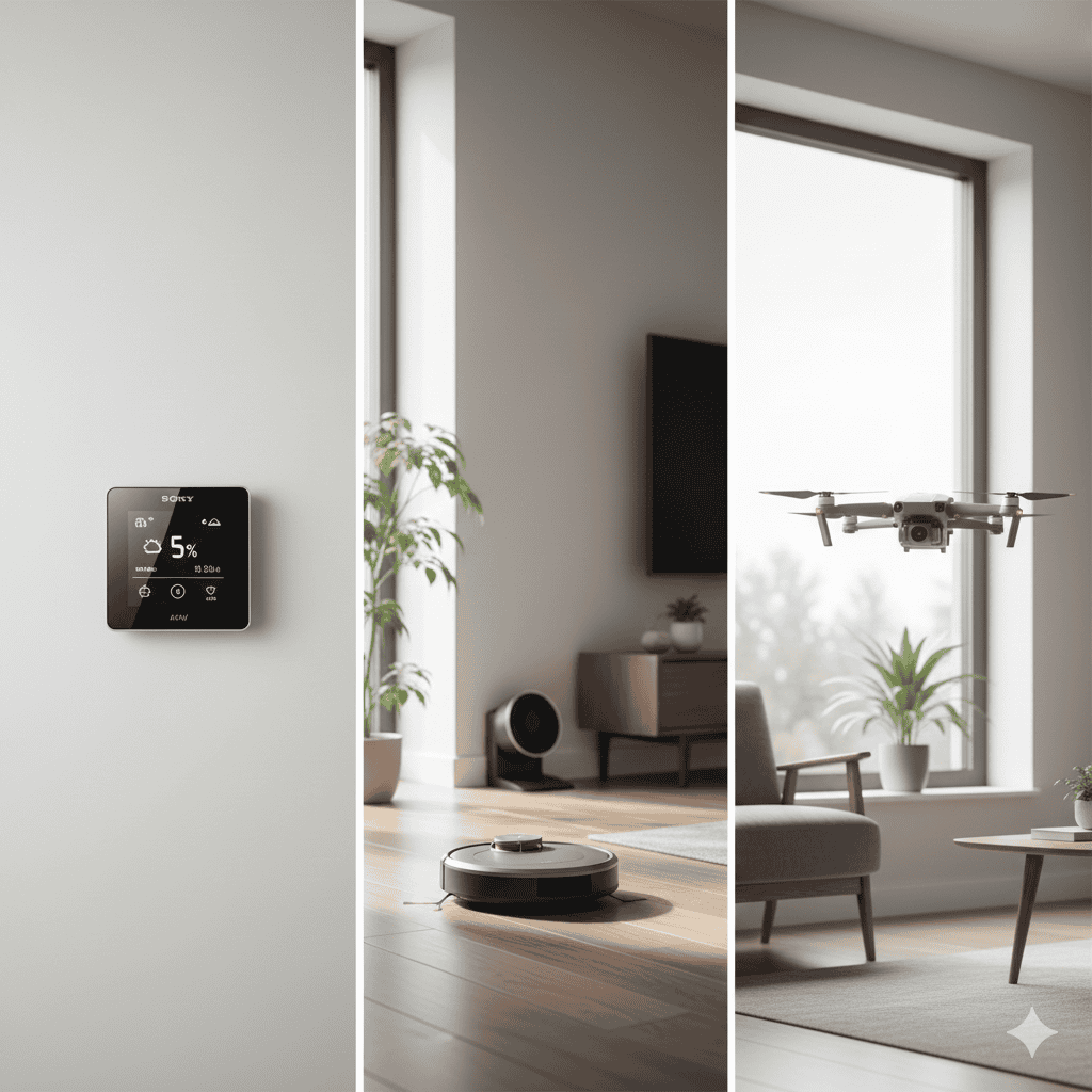 Real-world applications showing pure IoT device, pure robotics system, and hybrid technology demonstrating practical differences