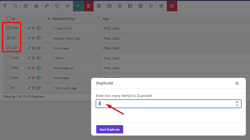 Select and duplicate product WooCommerce