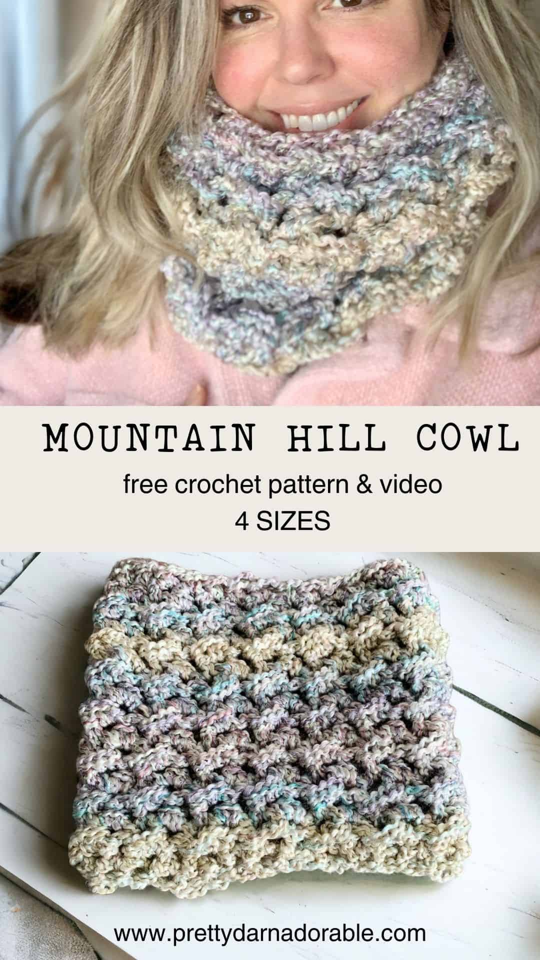 light pink and purple fluffy crochet cowl on a women