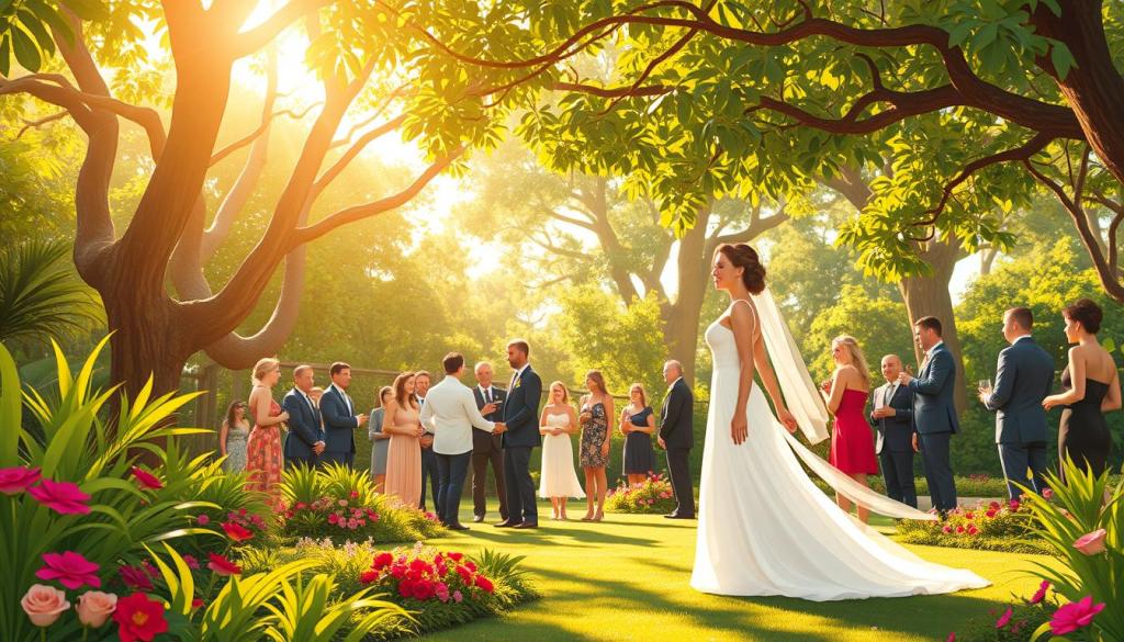 A lush, sun-dappled garden in Byron Bay, Australia, serves as the enchanting backdrop for a dream wedding. In the foreground, a couple in elegant, romantic attire stands hand-in-hand, gazing adoringly at each other. The bride's flowing white dress and the groom's impeccable suit create a harmonious contrast against the vibrant greenery and colorful florals that surround them. Soft, warm lighting filters through the trees, casting a golden glow over the scene and enhancing the sense of intimacy and joy. In the middle ground, guests in formal attire mingle and celebrate, their faces alight with smiles. The overall atmosphere is one of pure bliss, capturing the essence of a love story unfolding in the enchanting coastal setting of Byron Bay. A lush, sun-dappled garden in Byron Bay, Australia, serves as the enchanting backdrop for a dream wedding. In the foreground, a couple in elegant, romantic attire stands hand-in-hand, gazing adoringly at each other. The bride's flowing white dress and the groom's impeccable suit create a harmonious contrast against the vibrant greenery and colorful florals that surround them. Soft, warm lighting filters through the trees, casting a golden glow over the scene and enhancing the sense of intimacy and joy. In the middle ground, guests in formal attire mingle and celebrate, their faces alight with smiles. The overall atmosphere is one of pure bliss, capturing the essence of a love story unfolding in the enchanting coastal setting of Byron Bay.