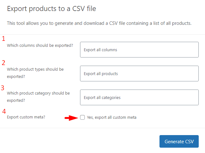 Export WooCommerce products to csv file settings