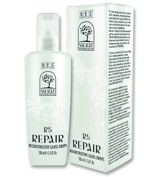 A 100 ml bottle and box of R5 Reconstructive Gloss Drops with a tree logo and product details.