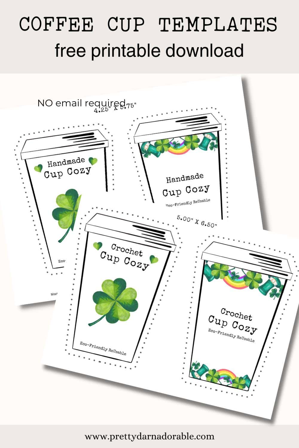 A printout of two coffee sleeve holders with green shamrocks and rainbows