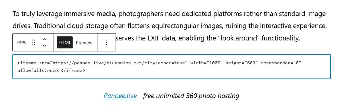 How to Embed Interactive 360 Panoramas on Your Website (WordPress/Wix) 5 WordPress Gutenberg editor showing an HTML block with the Panoee iframe code pasted inside.