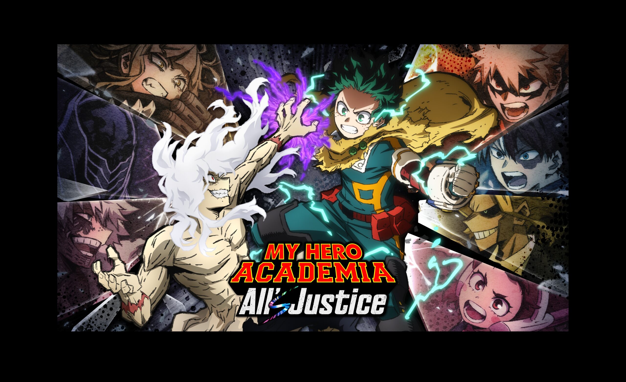 MyHeroAcademia_AllsJustice_Key_Art_Horizontal Ultra HD jeu vidéo my hero academia all justice, personnages animés en action, combat épique, style manga, illustrations colorées, pour fans d'anime et de jeux de combat.