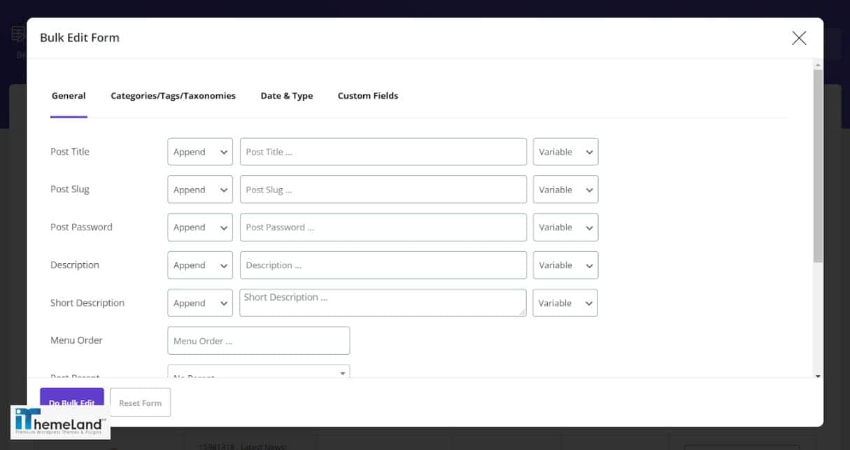 bulk edit form in wordpress bulk post edit plugin