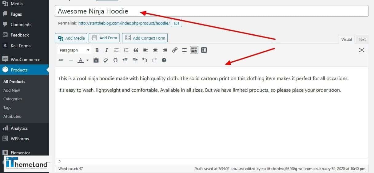 add a WooCommerce product description and title