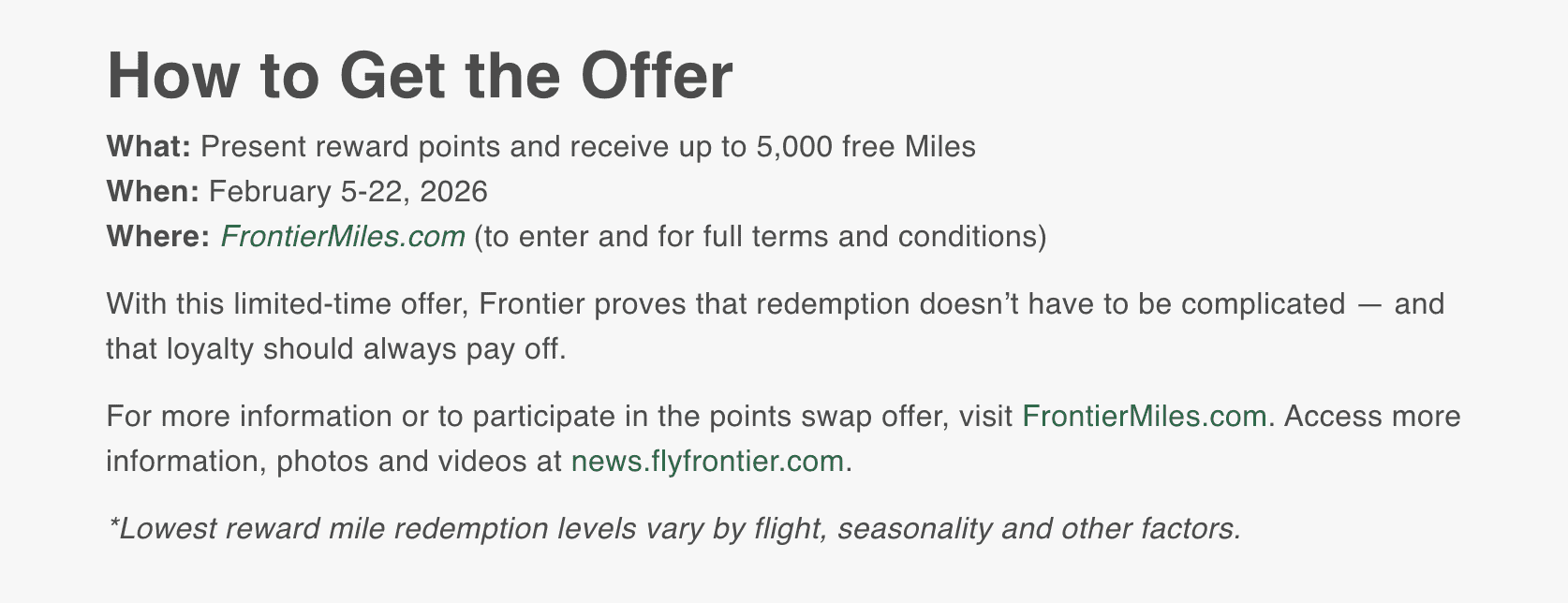 Frontier Airlines “The Big Redemption” Promotion: Earn up to 5,000 Free Miles for Travel 1 Frontier Airlines The Big Redemption Promotion