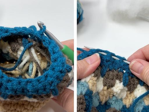 Close-up of hands using a crochet hook with multicolored yarn; right side shows blue yarn edging, for a free crochet acorn pattern. Free crochet pattern
