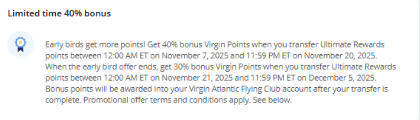 Chase → Virgin Atlantic Up to 40% Bonus for Transfers by November 20 (Then 30% Until December 5) 1 image 18