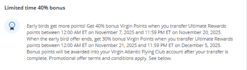 Chase → Virgin Atlantic Up to 40% Bonus for Transfers by November 20 (Then 30% Until December 5) 1 image 18