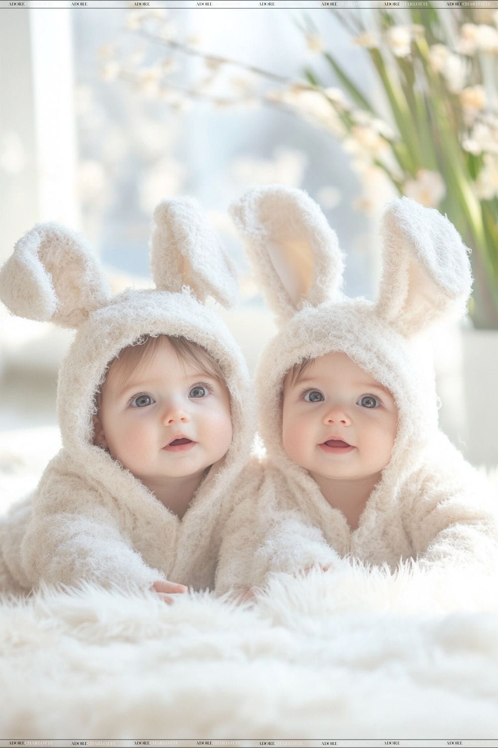 two cute babies in bunny outfits for an easter photoshoot.