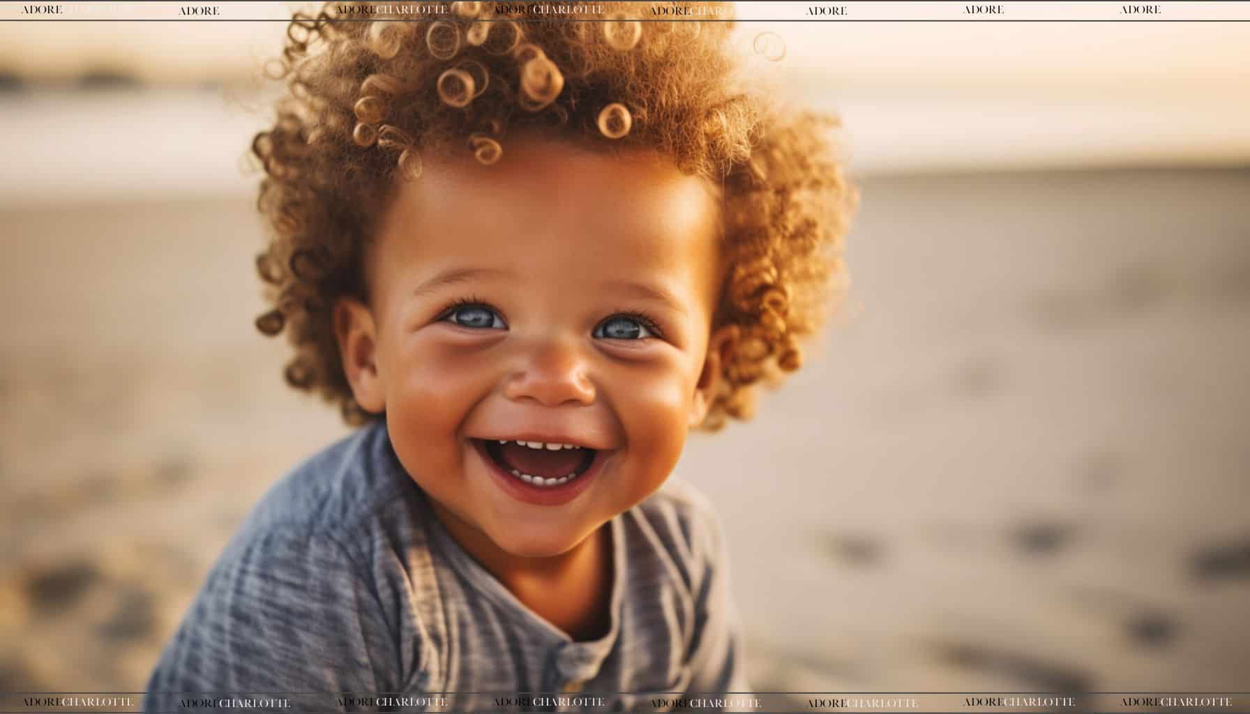 Middle Name for Hudson cute mixed race toddler on a beach at sunset wearing a tshirt with beautiful brown and blonde curly hair.
