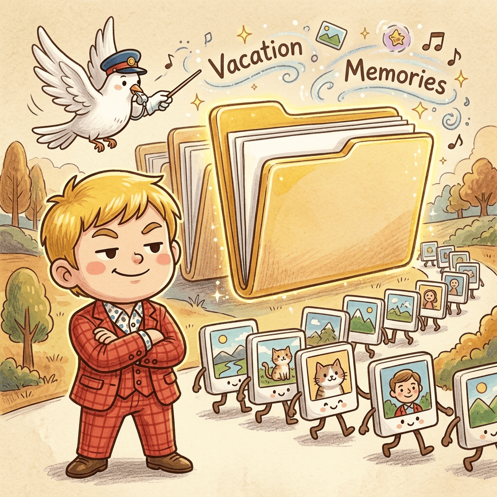 VSCode×Claude Codeで「ブログ執筆→画像生成→SEO設定→WordPress投稿」を全自動化した話。もうWordPressの管理画面を開く必要がない 5 ブログ画像ファイルが自分で歩いてフォルダに収まる自動整理イメージ。案内係の鳩が誘導し、マジシャンが腕組みで満足げに見守るチビキャラ風イラスト