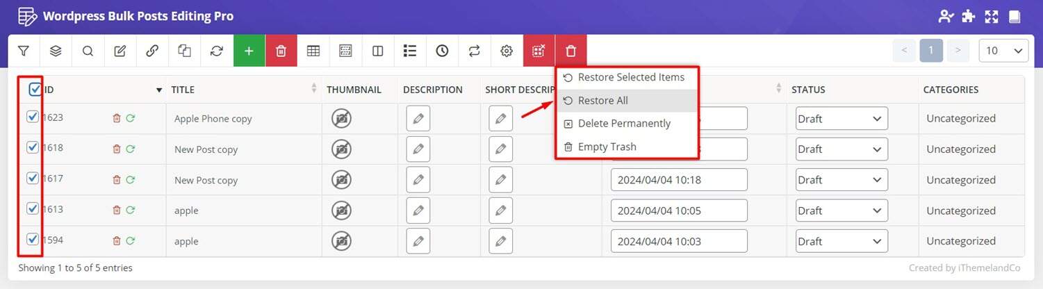 Restore trashed posts WordPress post bulk edit plugin