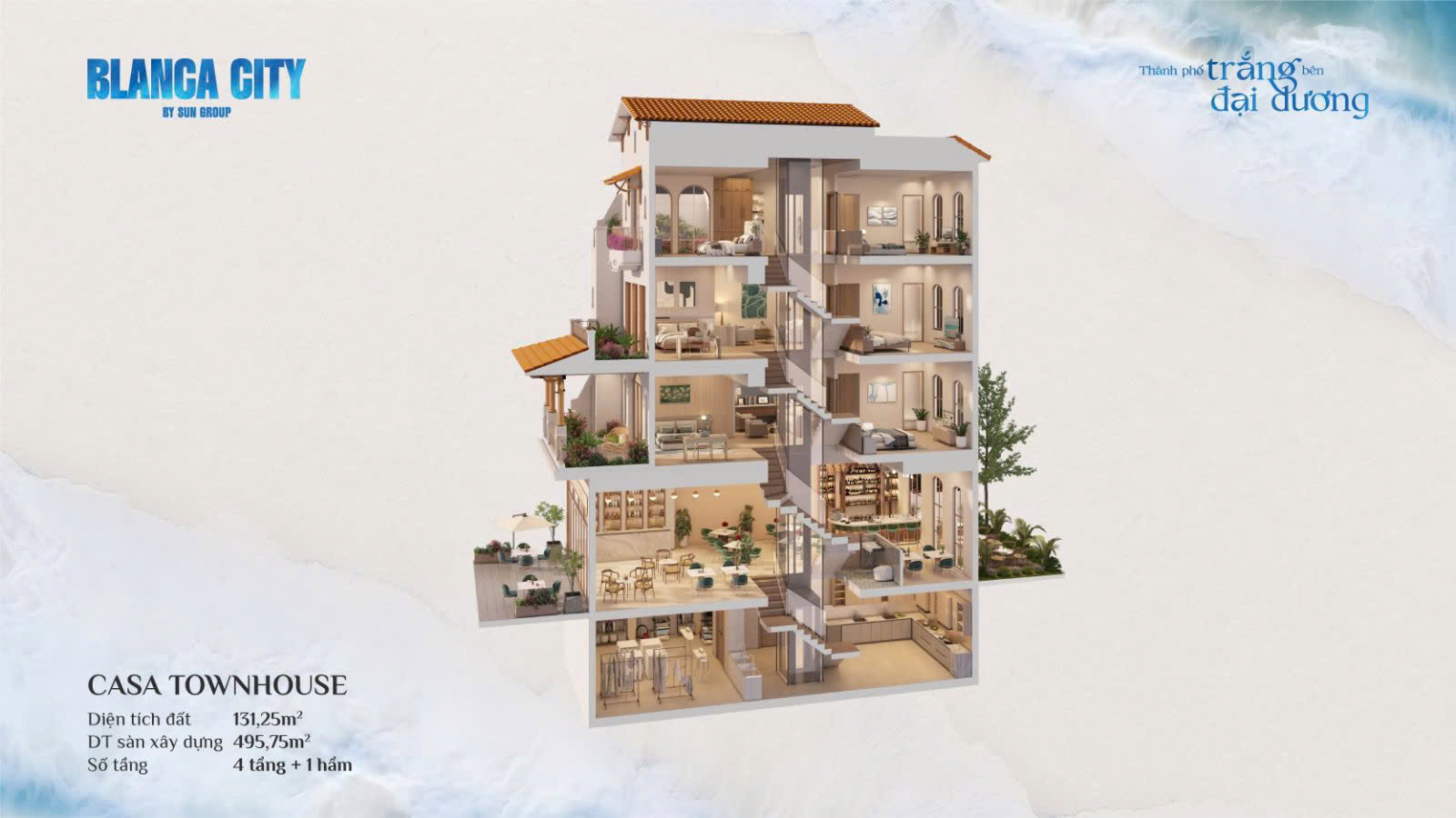 Mặt cắt chi tiết của một căn nhà phố Casa Townhouse tại phân khu thấp tầng Casa.